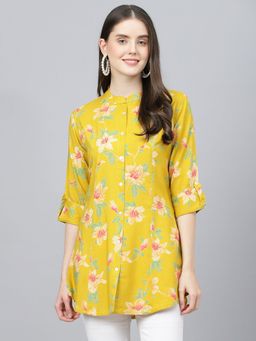 Divena - Yellow Floral Printed Rayon A-line Shirts Style Top