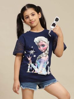 Kidsville - Navy Blue Frozen Graphic Printed Regular Fit T-Shirt for Girls