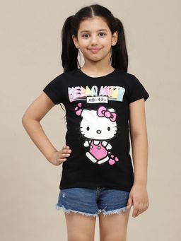 Kidsville - Black Hello Kitty Graphic Printed Regular Fit T-Shirt for Girls