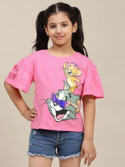 Kidsville - Pink Tom & Jerry Graphic Printed Relaxed Fit T-Shirt for Girls