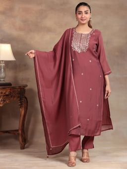 Aravalii - Wine Glow Embroidered Kurta with Pant and Dupatta