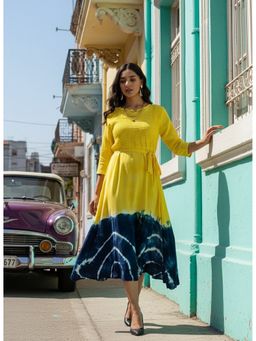 Maaesa - Women Yellow Casual Rayon Tie and Dye Flared Dress with Belt