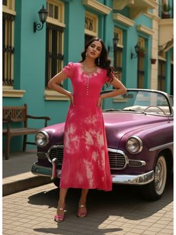 Maaesa - Women Casual Pink Rayon Tie and Dye Flared Dress