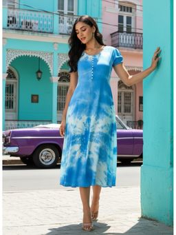 Maaesa - Women Blue Casual Rayon Tie and Dye Flared Dress