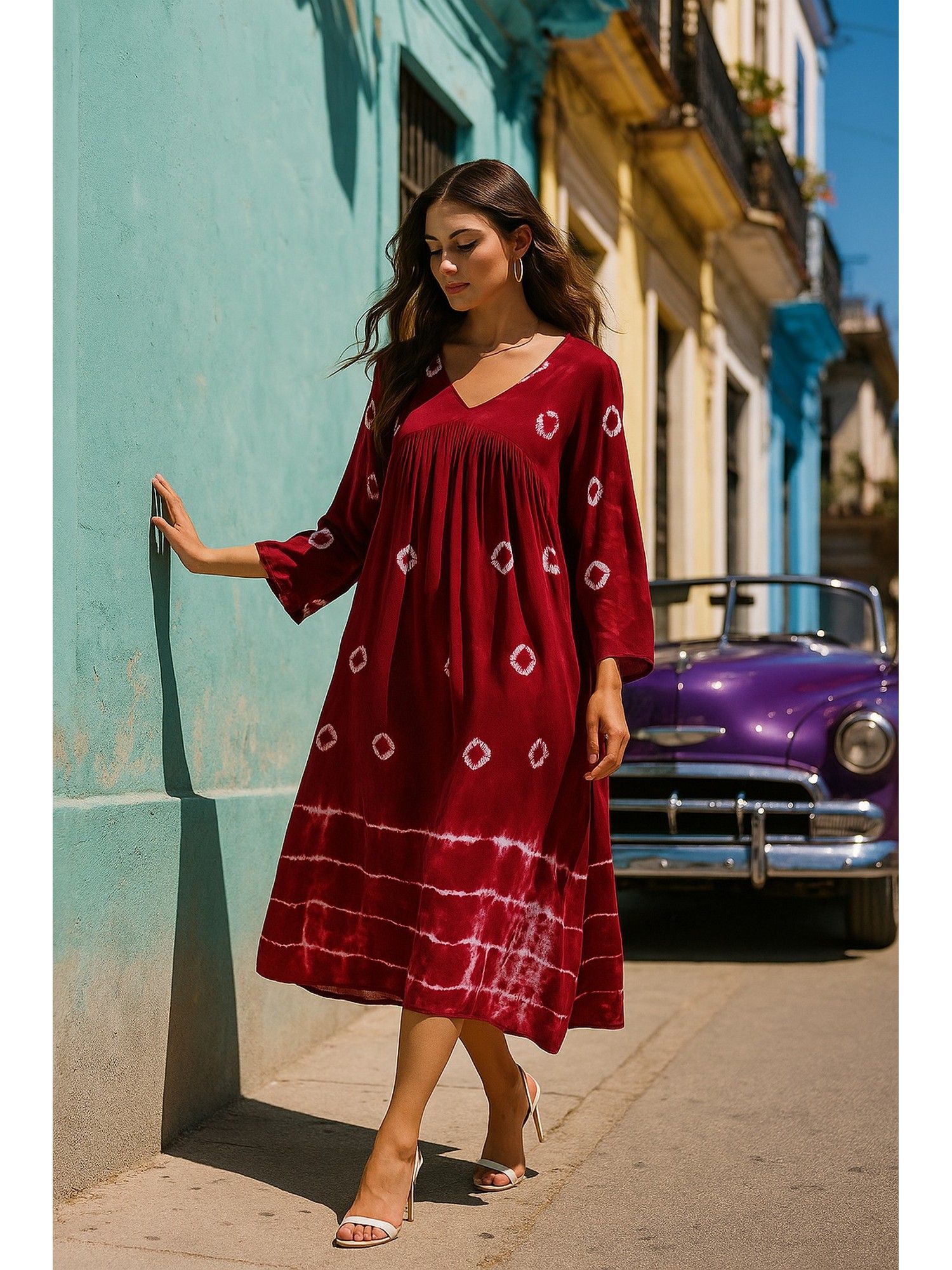 maaesa Women Maroon Casual Rayon Tie and Dye Flared Dress-picture-43
