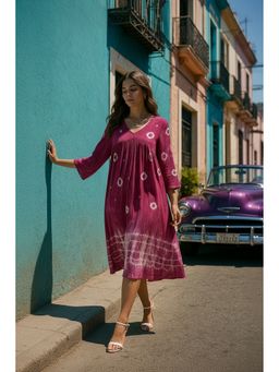 Maaesa - Women Wine Casual Rayon Tie and Dye Flared Dress