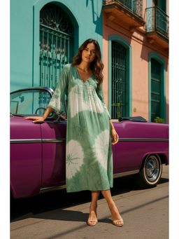 Maaesa - Women's Casual Green Rayon Tie and Dye Flared Dress