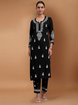 PARAMOUNT CHIKAN - Black Women Hand Embroidered Chikankari Rayon Kurta and Pant