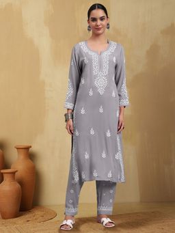 PARAMOUNT CHIKAN - Grey Women Hand Embroidered Chikankari Rayon Kurta and Pant