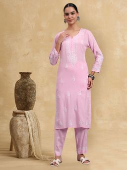 PARAMOUNT CHIKAN - Pink Women Hand Embroidered Chikankari Rayon Kurta and Pant