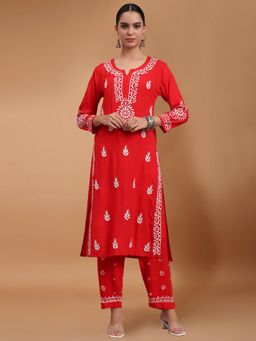 PARAMOUNT CHIKAN - Red Women Hand Embroidered Chikankari Rayon Kurta and Pant