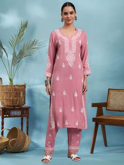 PARAMOUNT CHIKAN - Rust Women Hand Embroidered Chikankari Rayon Kurta and Pant