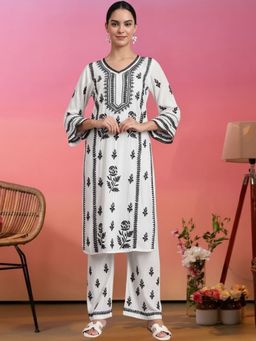 PARAMOUNT CHIKAN - White Women Hand Embroidered Chikankari Rayon Kurta and Pant