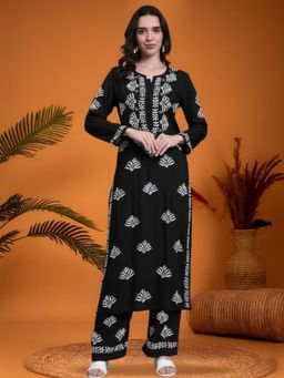 PARAMOUNT CHIKAN - Black Women Hand Embroidered Chikankari Rayon Kurta and Palazzo
