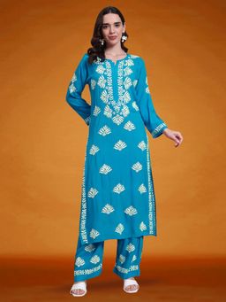 PARAMOUNT CHIKAN - Teal Women Hand Embroidered Chikankari Rayon Kurta and Palazzo
