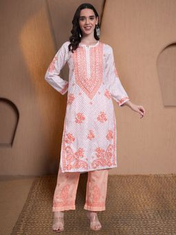 PARAMOUNT CHIKAN - Orange Women Hand Embroidered Chikankari Cotton Kurta and Palazzo