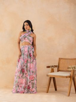 Kaori By Shreya - Pink Floral Blouse and Skirt with Dupatta