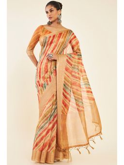 Soch - Women Mustard Chanderi Stripes Saree with Unstitched Blouse