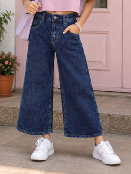 KiddoPanti - Girls Dark Blue Denim Solid Baggy Fit Wide Leg Denim Jeans