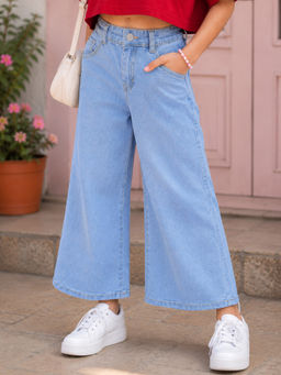 KiddoPanti - Girls Light Blue Denim Solid Baggy Fit Wide Leg Denim Jeans