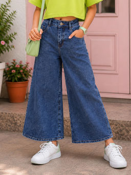 KiddoPanti - Girls Blue Denim Solid Baggy Fit Wide Leg Denim Jeans