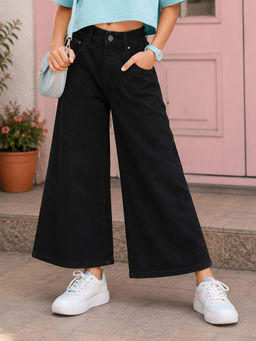 KiddoPanti - Girls Denim Solid Baggy Fit Wide Leg Denim Jeans