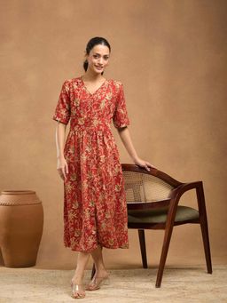 Fabindia - Red Cotton Bagri Printed Midi Dress