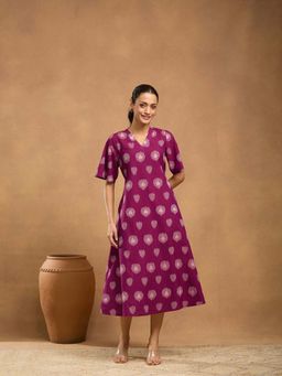 Fabindia - Magenta Cotton Printed Midi Dress