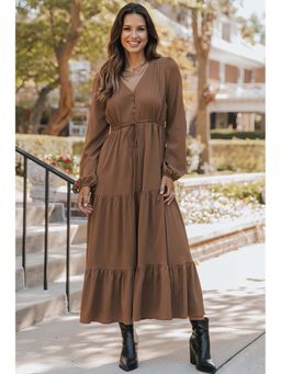 Errabelly - Chestnut Solid Long Sleeve Button V-Neck Tiered Maxi Dress