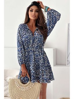 Errabelly - Blue Vintage Print Lace Up V-Neck Long Sleeve Mini Dress