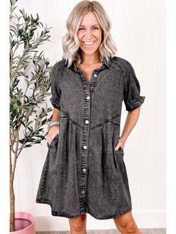 Errabelly - Mineral Wash Ruffled Short Sleeve Buttoned Denim Mini Dress