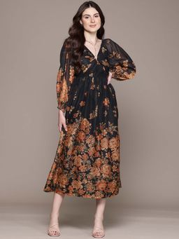 Label Ritu Kumar - V-Neck Full Sleeves Printed Long Midi Dress