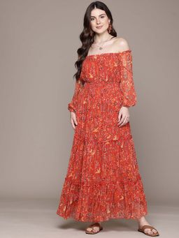 Label Ritu Kumar - Off Shoulder Printed Long Maxi Dress