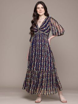 Label Ritu Kumar - V-Neck Full Sleeves Printed Long Maxi Dress
