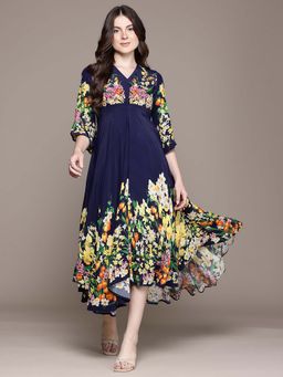 Label Ritu Kumar - V-Neck Full Sleeves Printed Long Midi Dress