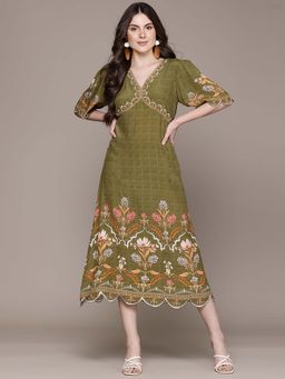 Label Ritu Kumar - V-Neck Short Sleeves Printed Long Midi Dress