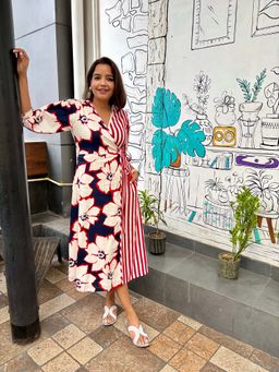 Label Tanvee - Floral Stripe Wrap Midi Dress