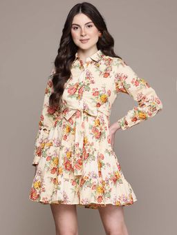 Label Ritu Kumar - Collar Neck Full Sleeves Short Mini Dress with Belt