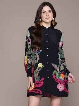 Label Ritu Kumar - Full Sleeves Floral Print Short Mini Dress
