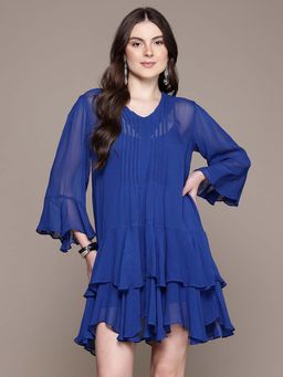 Label Ritu Kumar - V-Neck Full Sleeves Solid Short Mini Dress with Inner