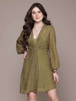 Label Ritu Kumar - V-Neck Full Sleeves Solid Short Mini Dress With Inner