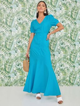 Styli - Blue Puff Sleeves Button Detail A-line Maxi Dress
