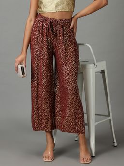 SHOWOFF - Women's Printed Maroon Pleated Parallel Trousers