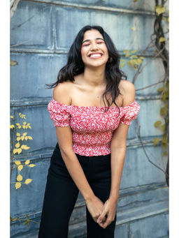 FREAKINS - Red Smocked Off-shoulder Top
