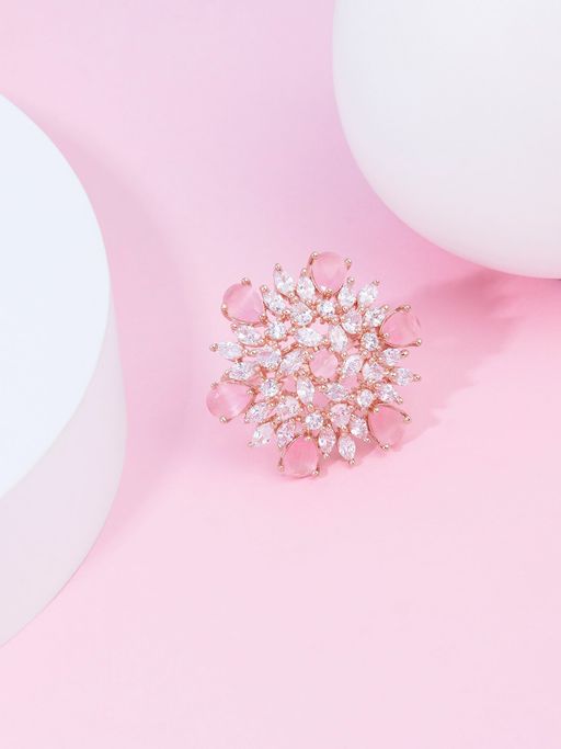 Zaveri Pearls Pink Dazzling CZ Statement Brass Adjustable Finger Ring