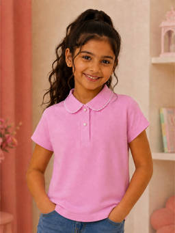 KiddoPanti - Girls Cotton Knit Solid Polo T-Shirt = Pink