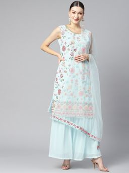 Readiprint - Semi-Stitched Straight Style Georgette Fabric Blue Kurta with Bottom & Dupatta (Set of 3)