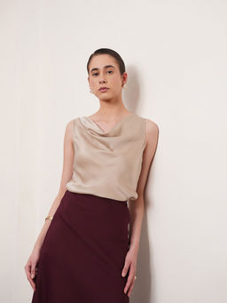 FABLE STREET - Beige Satin Cowl Neck Top