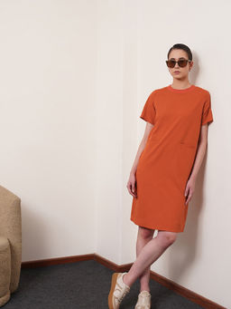 FABLE STREET - Linen Round Neck Shift Dress - Burnt Orange