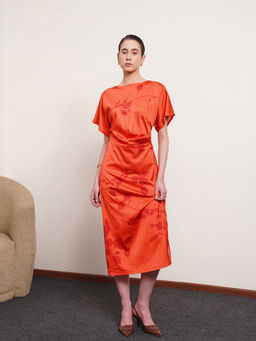 FABLE STREET - Orange Satin Floral Print Kimono Dress
